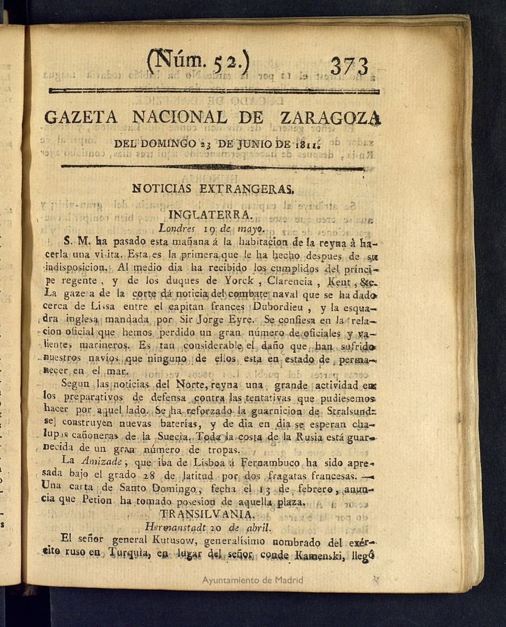 Miniatura de Gazeta de Zaragoza del 23 de junio de 1811