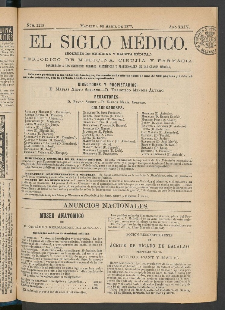 Miniatura de El Siglo Médico: boletín de medicina y gaceta médica del 8 de abril de 1877