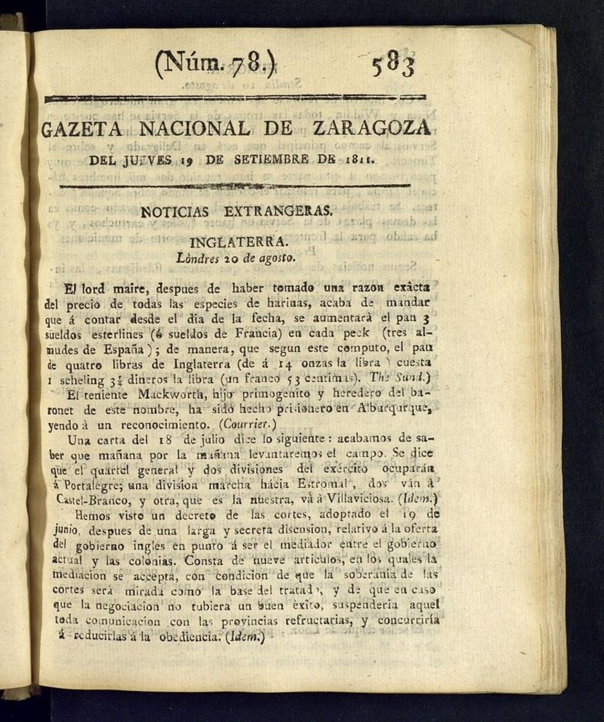 Miniatura de Gazeta de Zaragoza del 19 de septiembre de 1811
