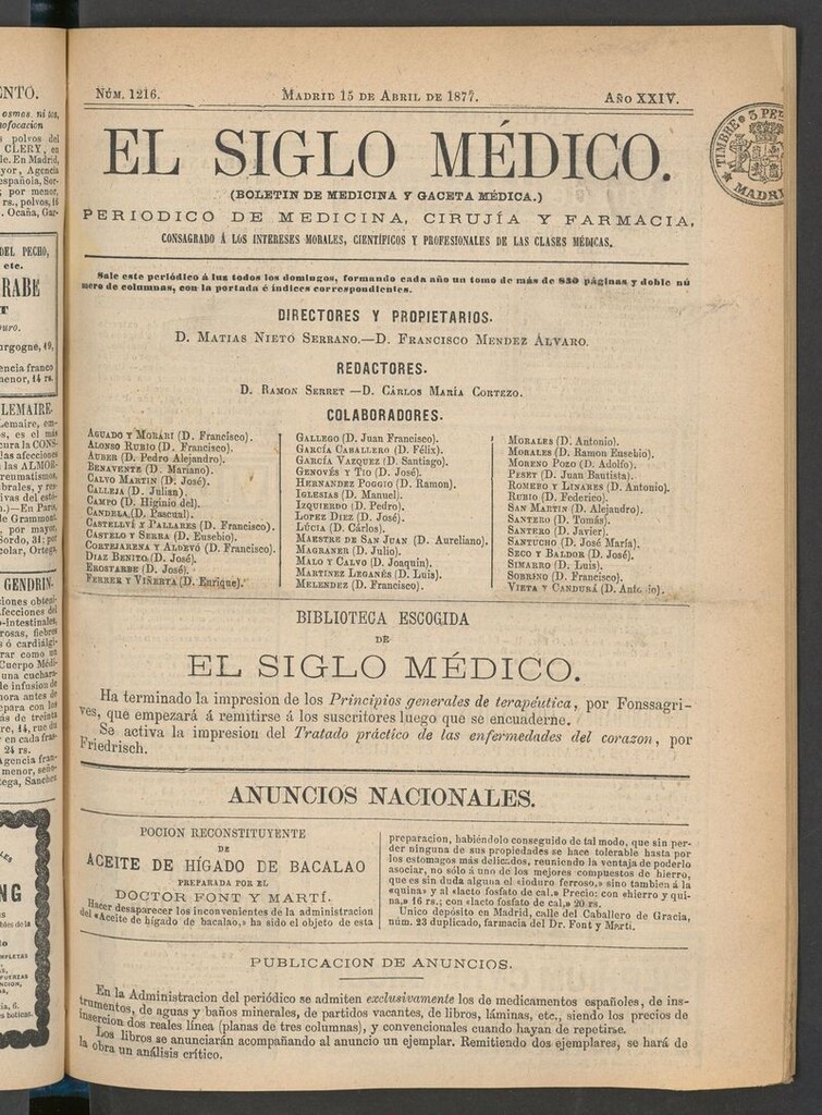 Miniatura de El Siglo Médico: boletín de medicina y gaceta médica del 15 de abril de 1877