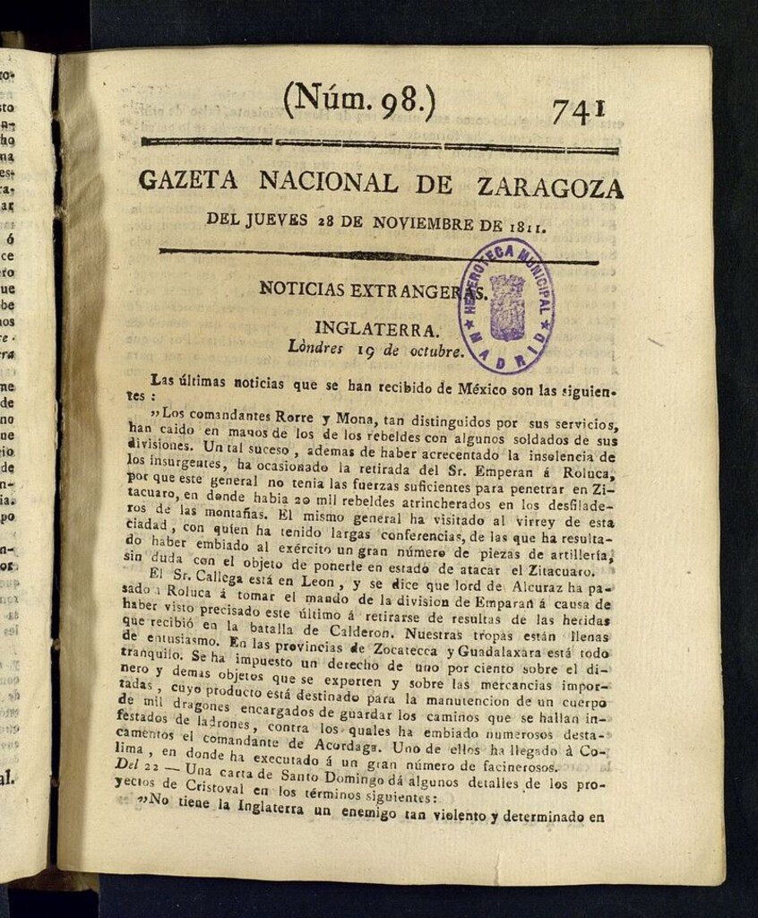 Miniatura de Gazeta de Zaragoza del 28 de noviembre de 1811