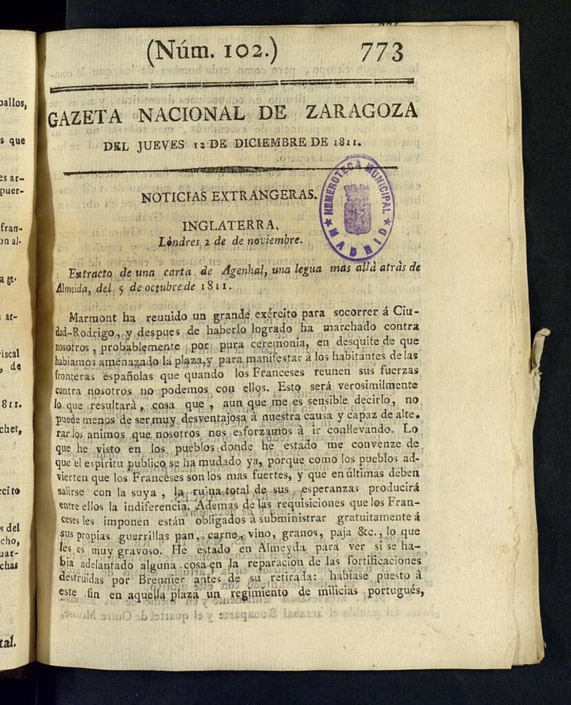 Miniatura de Gazeta de Zaragoza del 12 de diciembre de 1811