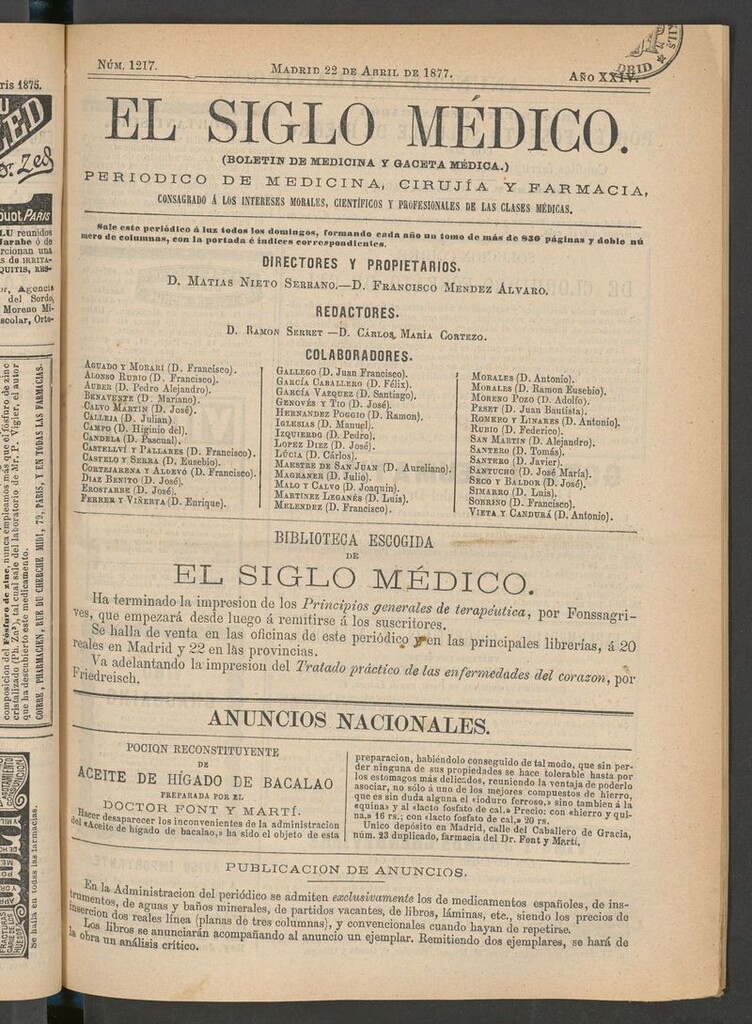 Miniatura de El Siglo Médico: boletín de medicina y gaceta médica del 22 de abril de 1877