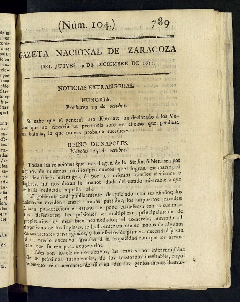 Miniatura de Gazeta de Zaragoza del 19 de diciembre de 1811