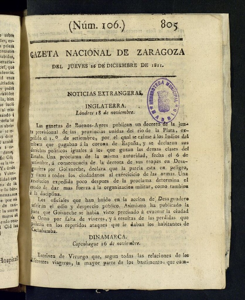 Miniatura de Gazeta de Zaragoza del 26 de diciembre de 1811