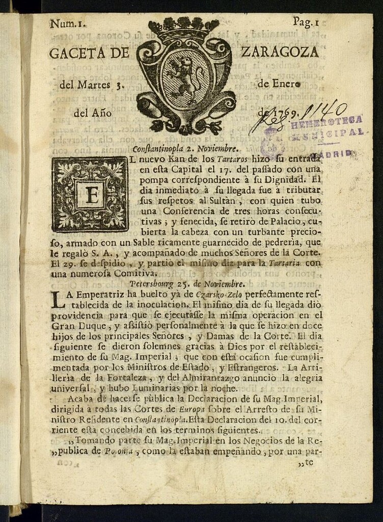 Miniatura de Gazeta de Zaragoza del 3 de enero de 1769