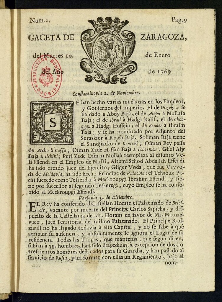 Miniatura de Gazeta de Zaragoza del 10 de enero de 1769