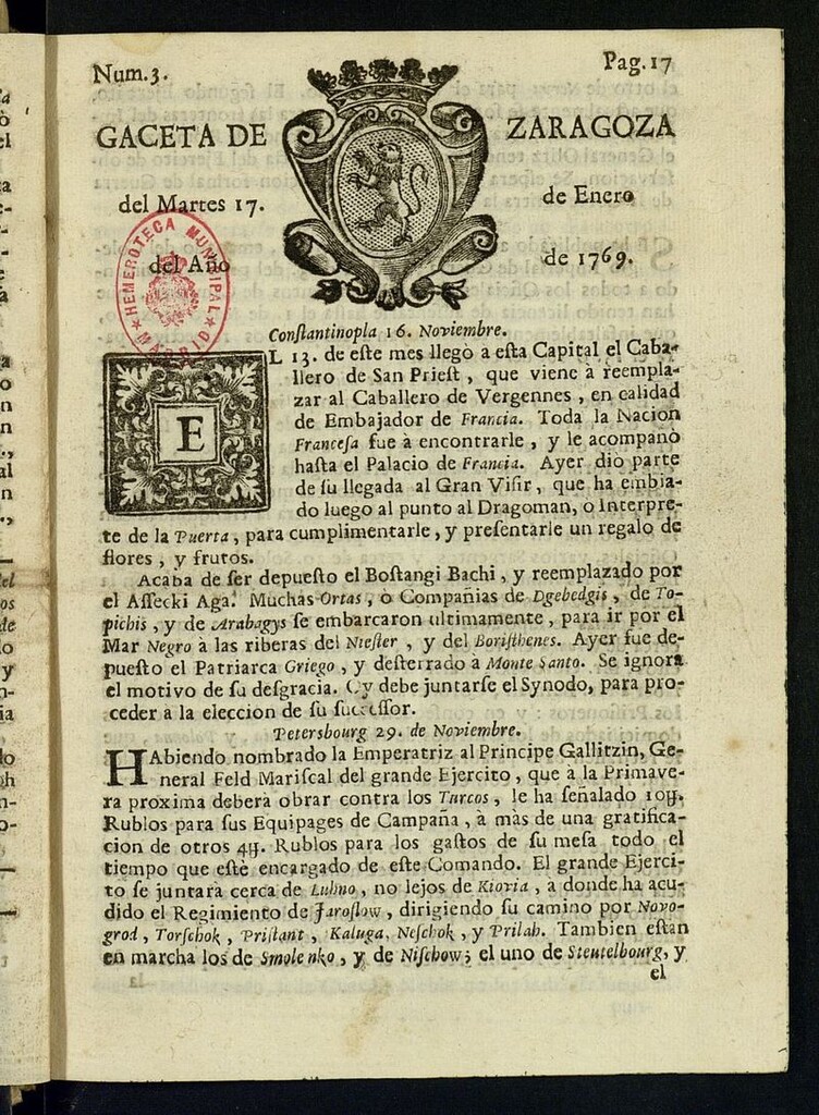 Miniatura de Gazeta de Zaragoza del 17 de enero de 1769