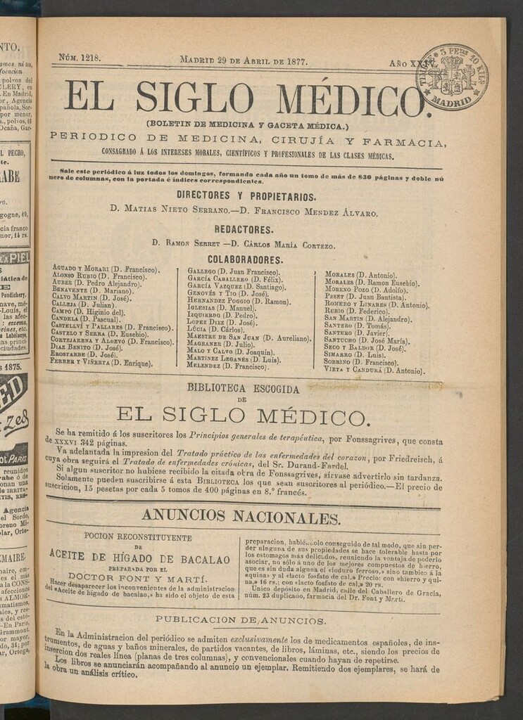 Miniatura de El Siglo Médico: boletín de medicina y gaceta médica del 29 de abril de 1877