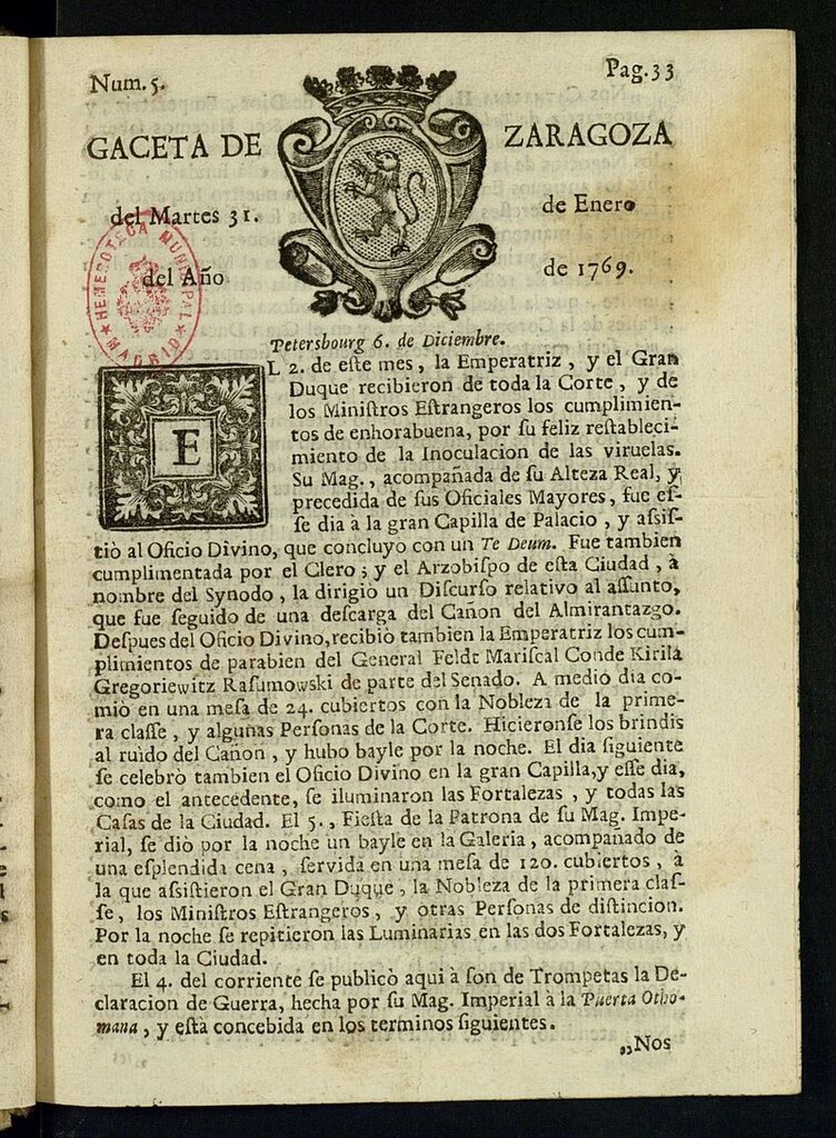 Miniatura de Gazeta de Zaragoza del 31 de enero de 1769