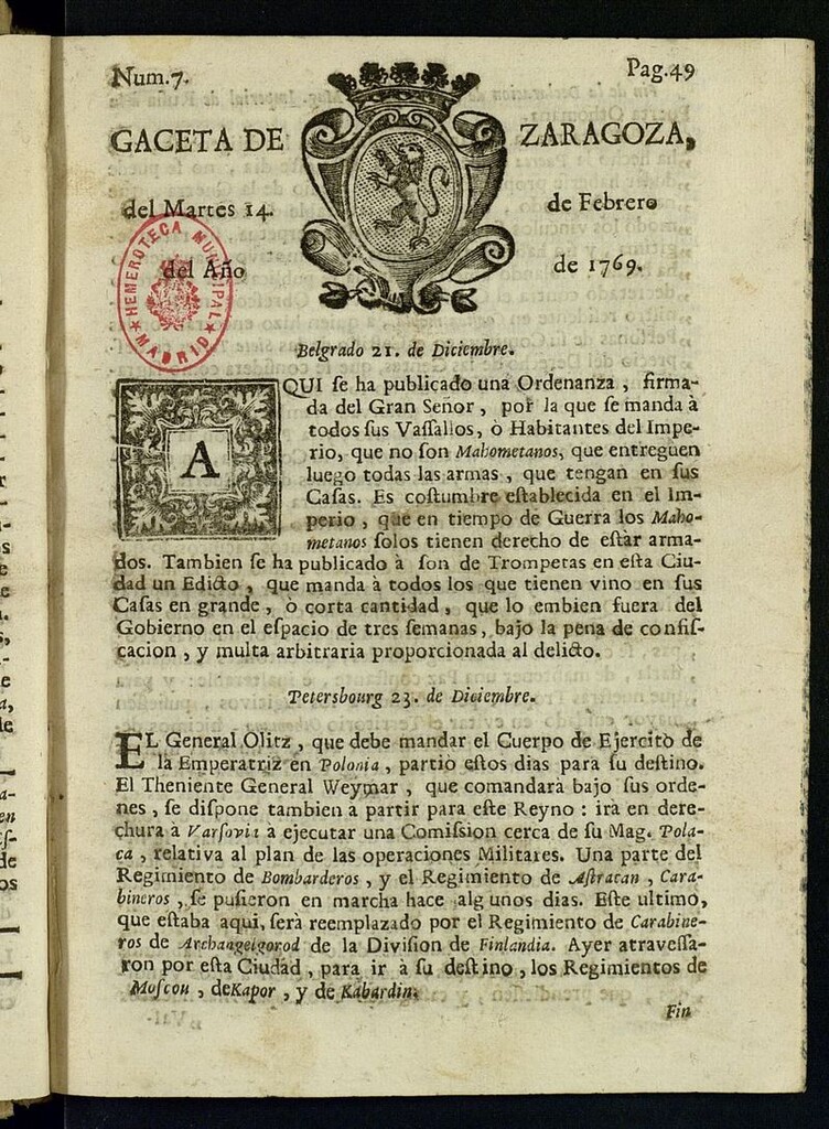 Miniatura de Gazeta de Zaragoza del 14 de febrero de 1769
