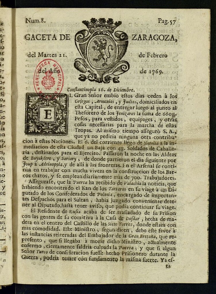 Miniatura de Gazeta de Zaragoza del 21 de febrero de 1769