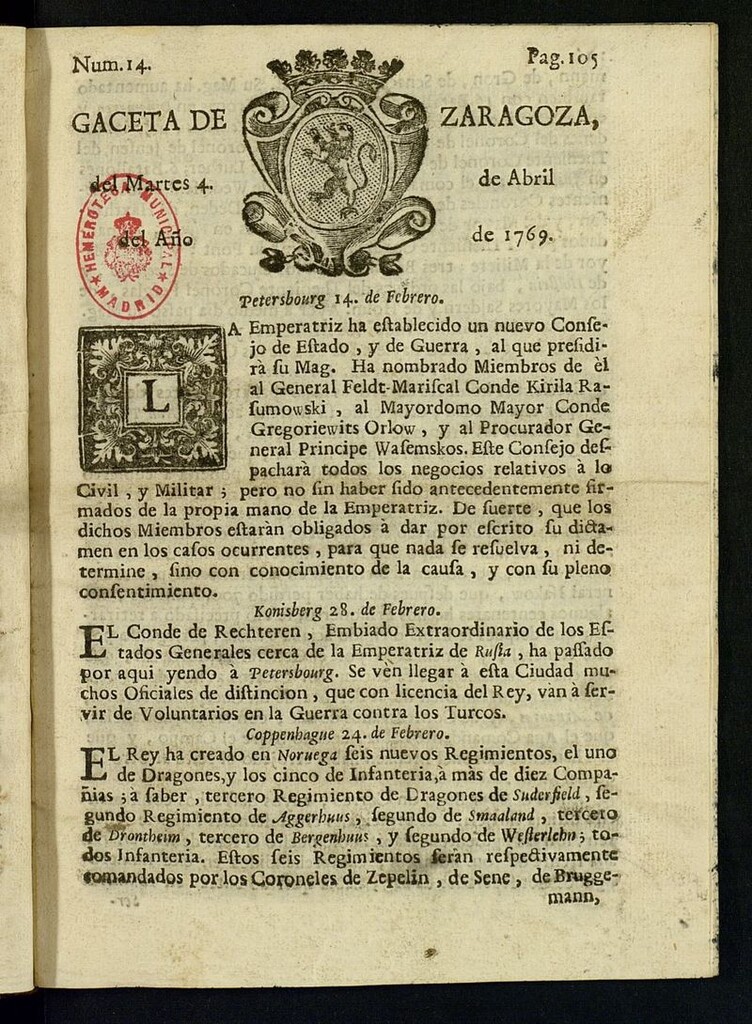 Miniatura de Gazeta de Zaragoza del 4 de abril de 1769