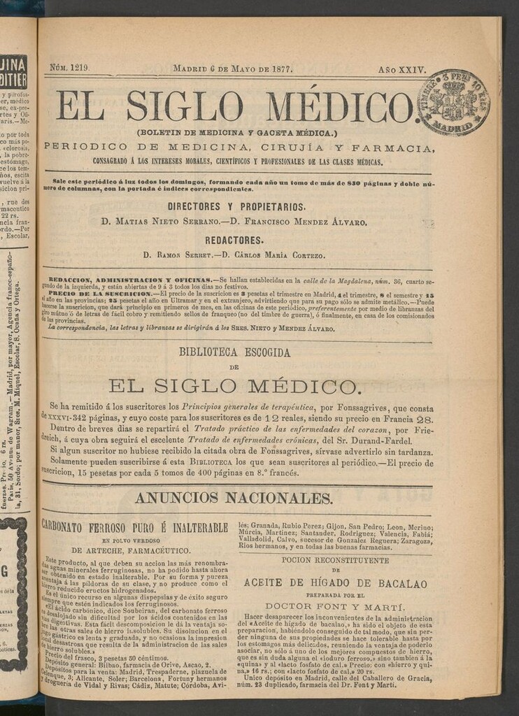 Miniatura de El Siglo Médico: boletín de medicina y gaceta médica del 6 de mayo de 1877