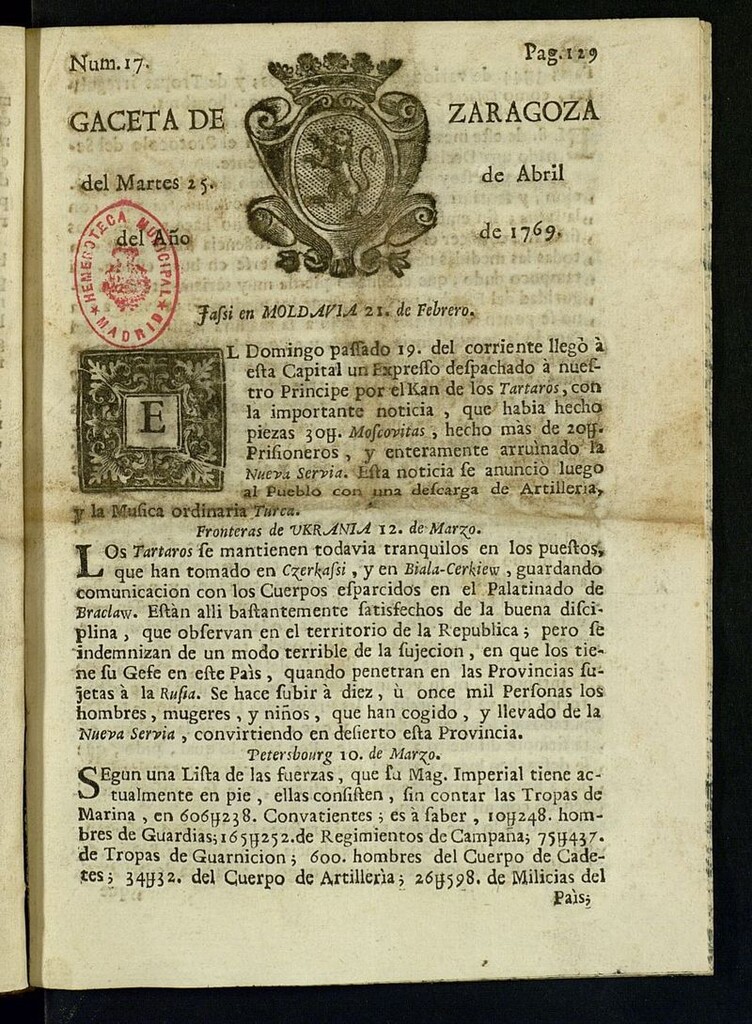 Miniatura de Gazeta de Zaragoza del 25 de abril de 1769