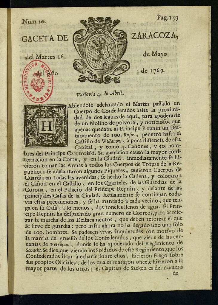 Miniatura de Gazeta de Zaragoza del 16 de mayo de 1769