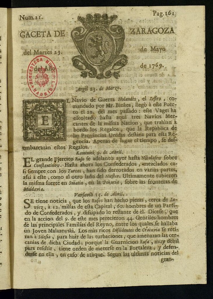 Miniatura de Gazeta de Zaragoza del 23 de mayo de 1769