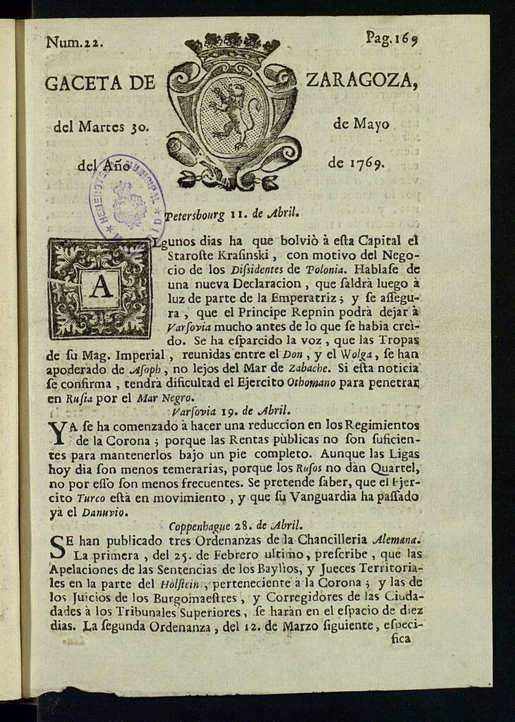 Miniatura de Gazeta de Zaragoza del 30 de mayo de 1769