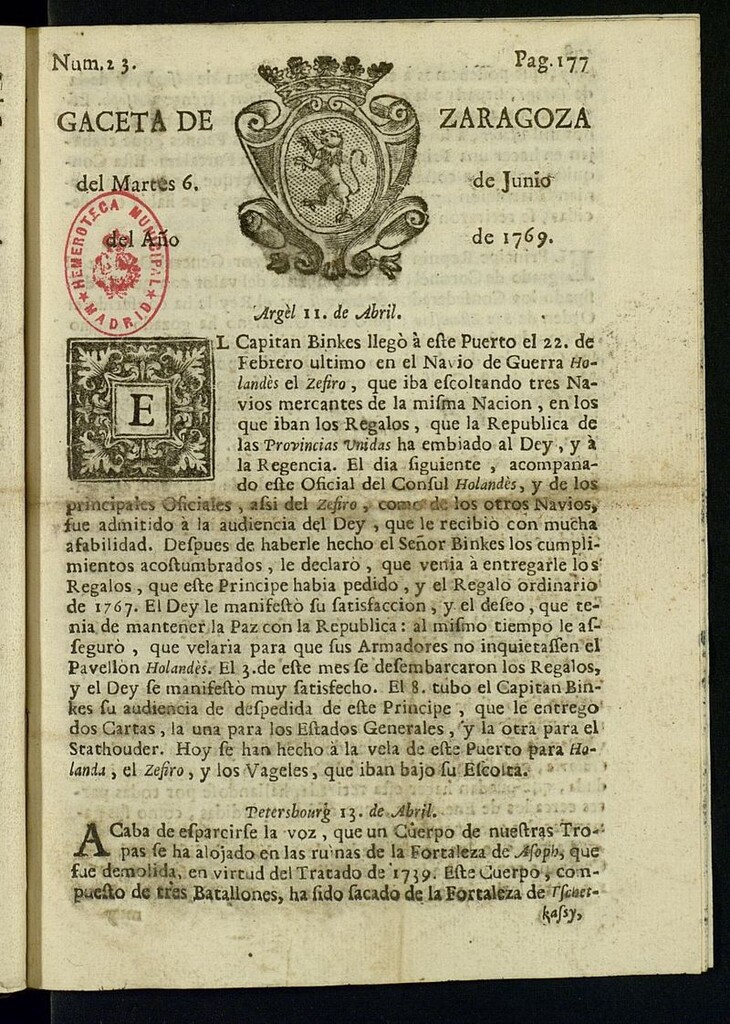 Miniatura de Gazeta de Zaragoza del 6 de junio de 1769