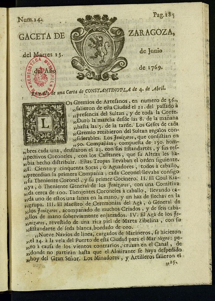 Miniatura de Gazeta de Zaragoza del 13 de junio de 1769