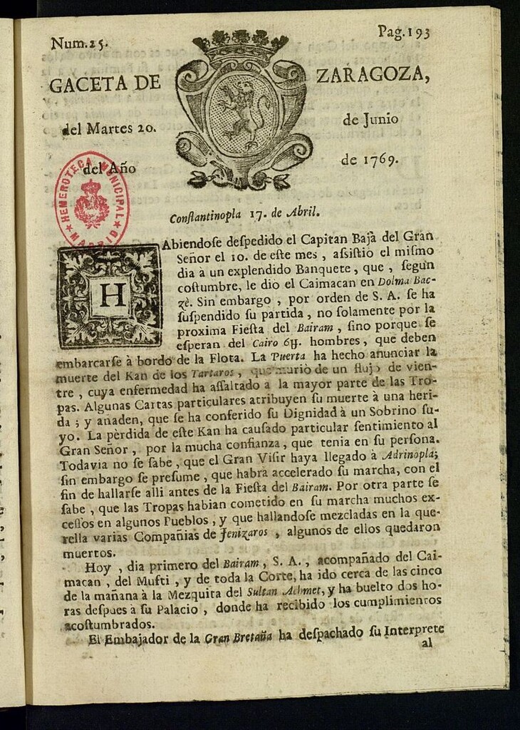 Miniatura de Gazeta de Zaragoza del 20 de junio de 1769