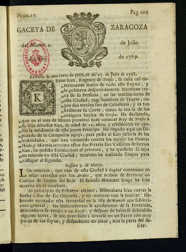 Miniatura de Gazeta de Zaragoza del 4 de julio de 1769