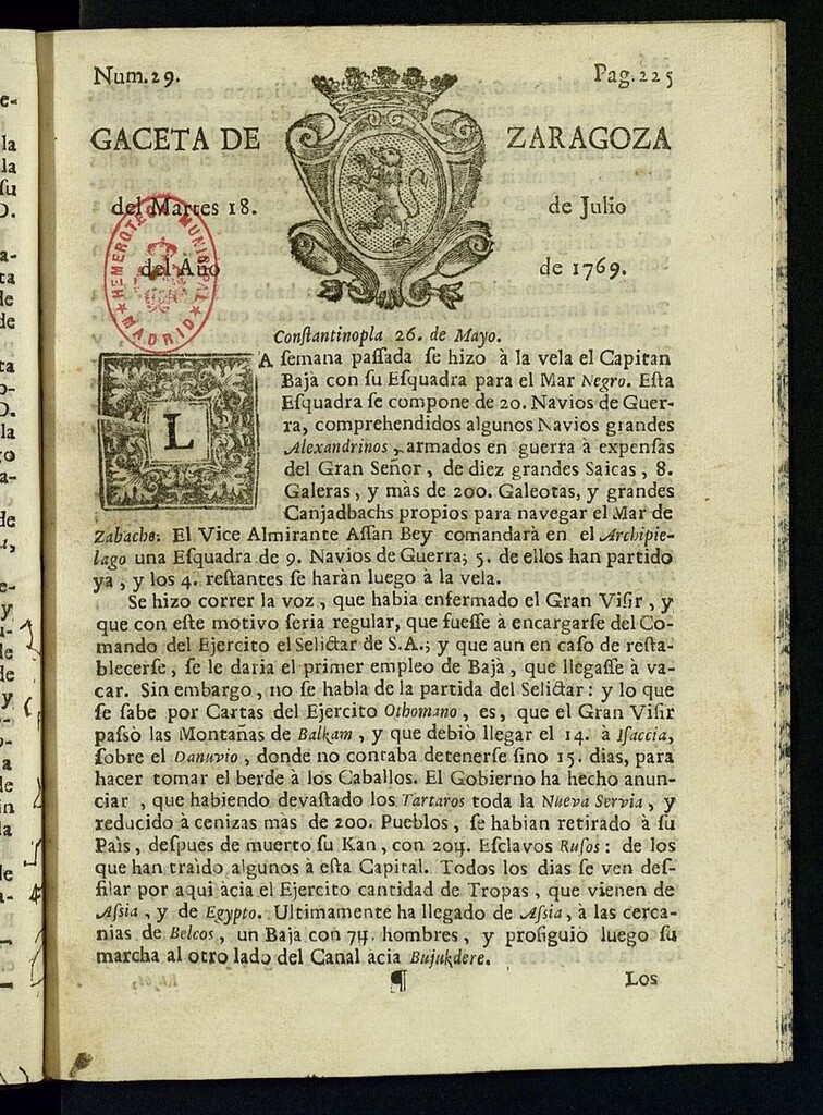 Miniatura de Gazeta de Zaragoza del 18 de julio de 1769