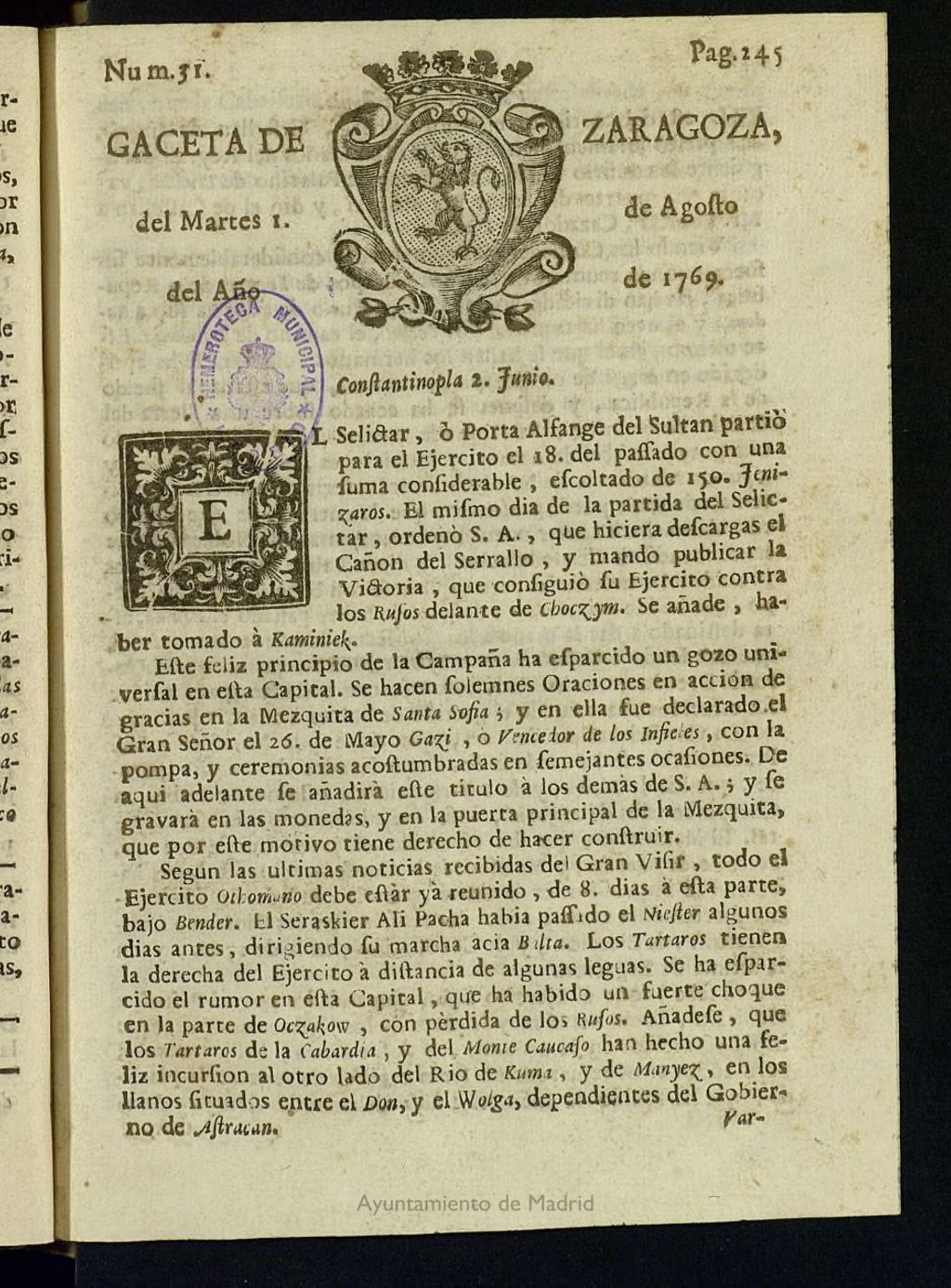 Miniatura de Gazeta de Zaragoza del 1 de agosto de 1769