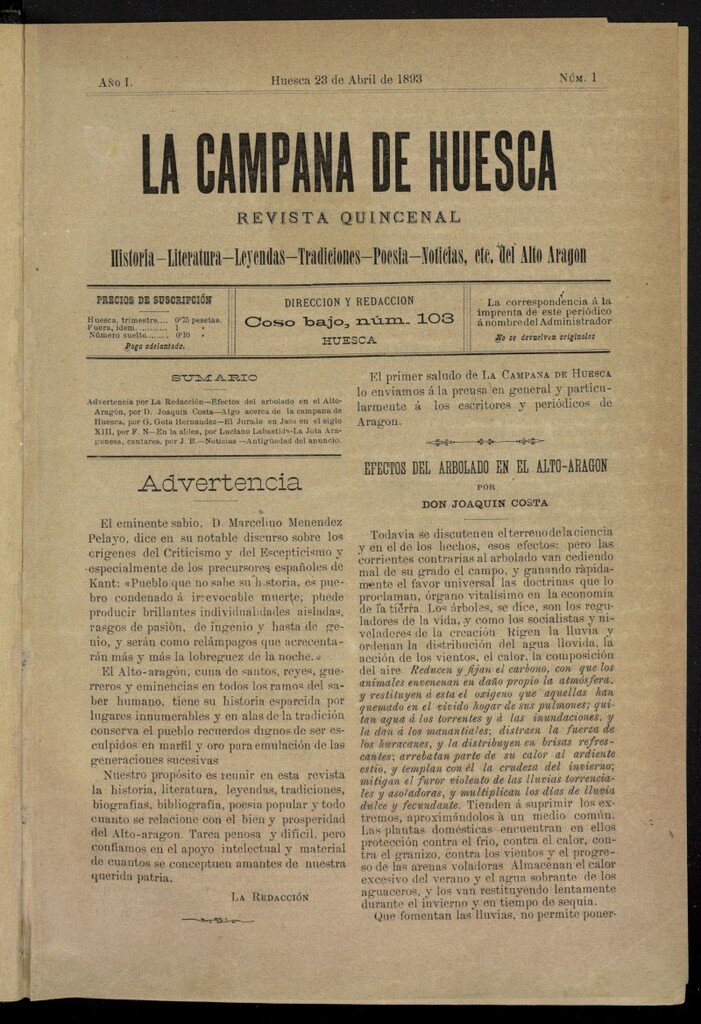Miniatura de La Campana de Huesca: Historia, Literatura, Leyendas, Tradiciones, Poesía, Noticias, etc., del Alto Aragón del 23 de abril de 1893, nº 1