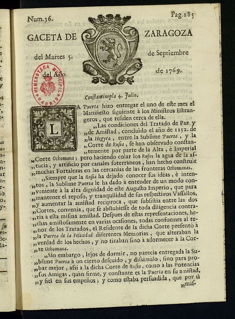 Miniatura de Gazeta de Zaragoza del 5 de septiembre de 1769