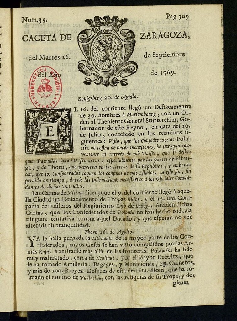 Miniatura de Gazeta de Zaragoza del 26 de septiembre de 1769