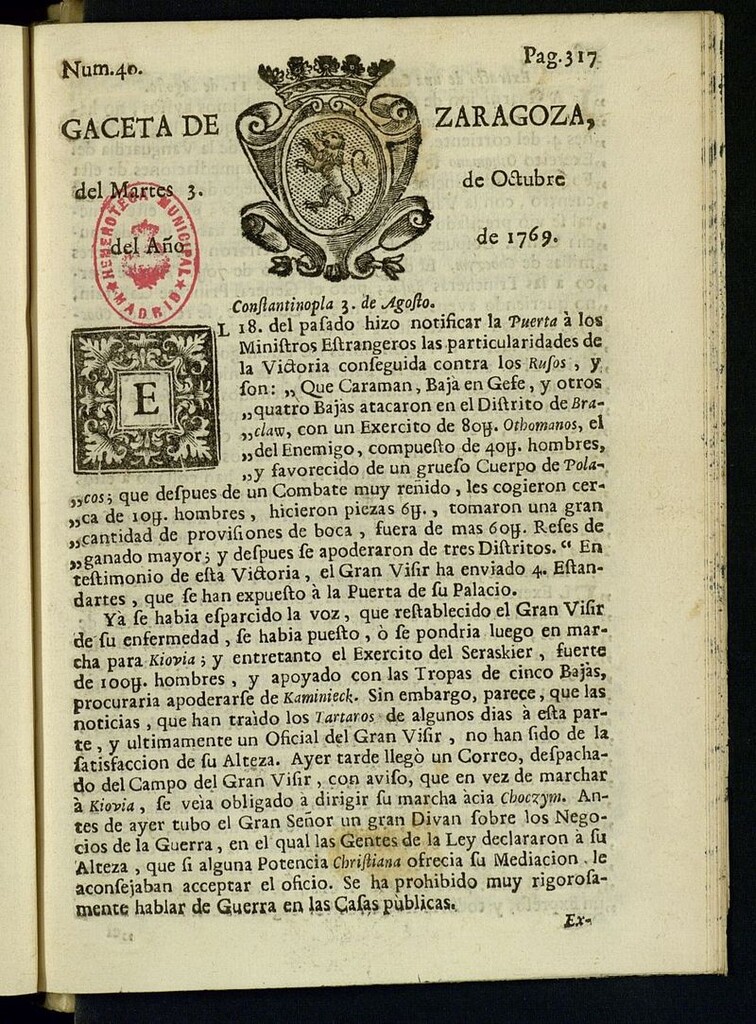 Miniatura de Gazeta de Zaragoza del 3 de octubre de 1769