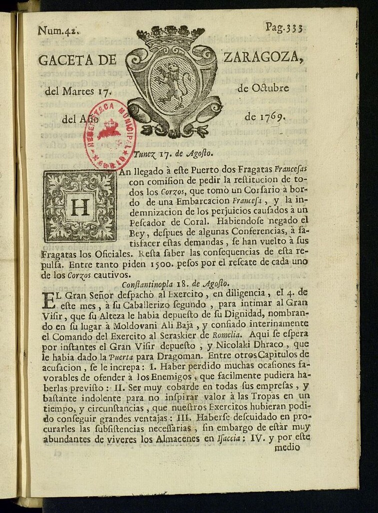 Miniatura de Gazeta de Zaragoza del 17 de octubre de 1769