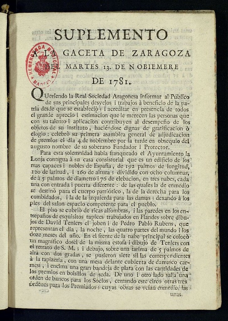 Miniatura de Gazeta de Zaragoza del 13 de noviembre de 1781, suplemento