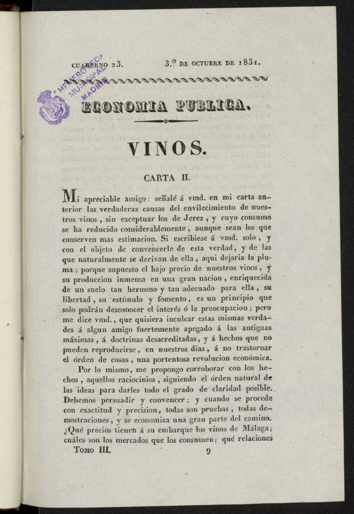 Miniatura de Cartas Españolas del 3º de octubre de 1831, cuaderno 23