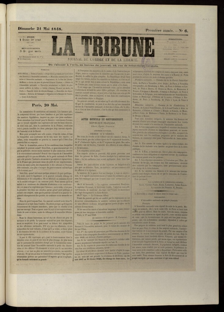 Miniatura de La Tribune du Peuple del 21 de mayo de 1848, nº 6