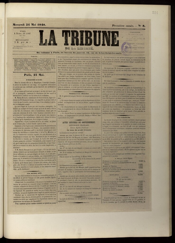 Miniatura de La Tribune de la Liberté del 24 de mayo de 1848, nº 8