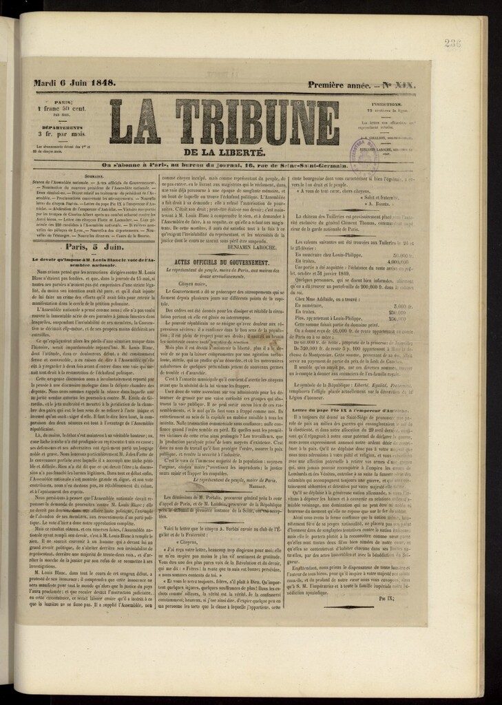 Miniatura de La Tribune du Peuple del 6 de junio de 1848, nº 19