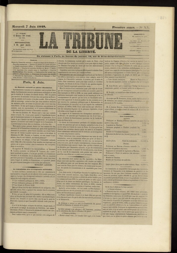 Miniatura de La Tribune du Peuple del 7 de junio de 1848, nº 20