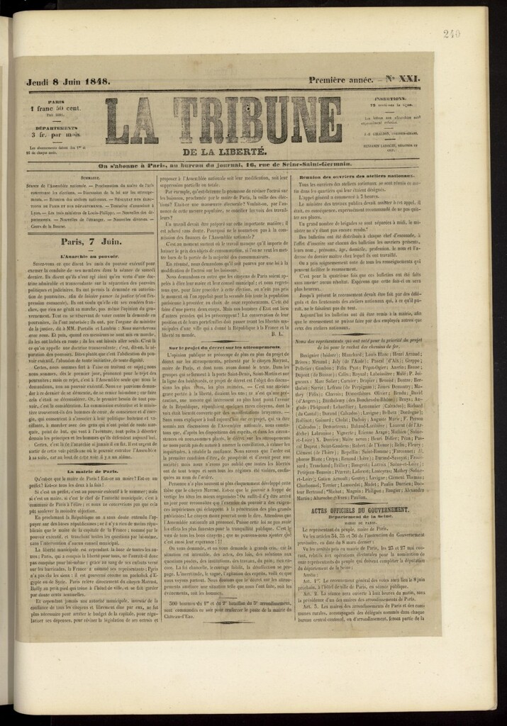 Miniatura de La Tribune du Peuple del 8 de junio de 1848, nº 21