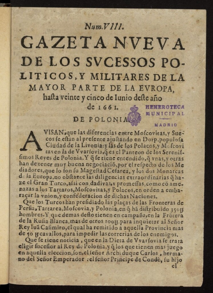Miniatura de Gazeta nueva de los sucessos politicos y militares de la mayor parte de la Europa hasta veinte y cinco de Iunio deste año de 1661
