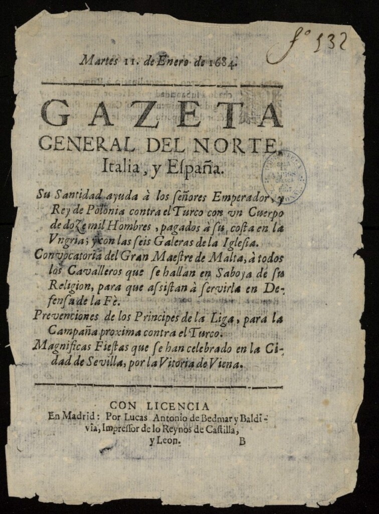 Miniatura de Gazeta General del Norte, Italia, y Otras Partes del 11 de enero de 1684