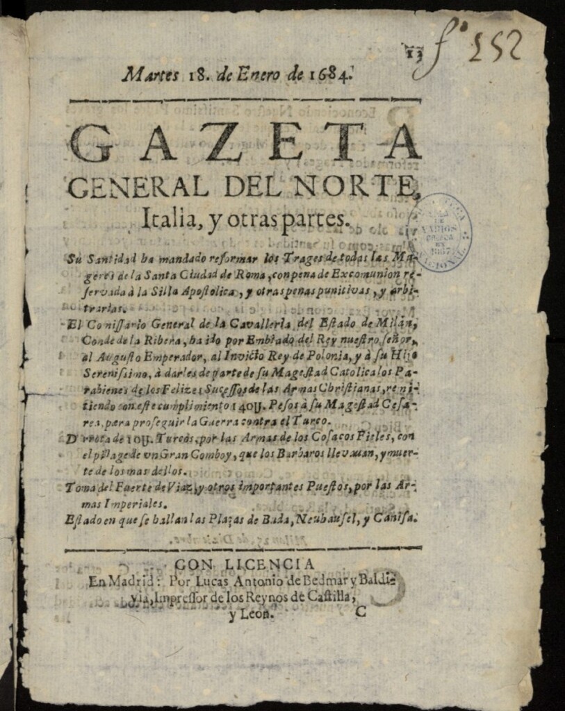 Miniatura de Gazeta General del Norte, Italia, y Otras Partes del 18 de enero de 1684