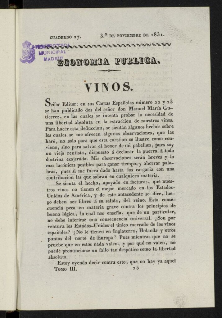 Miniatura de Cartas Españolas del 3º de noviembre de 1831, cuaderno 27