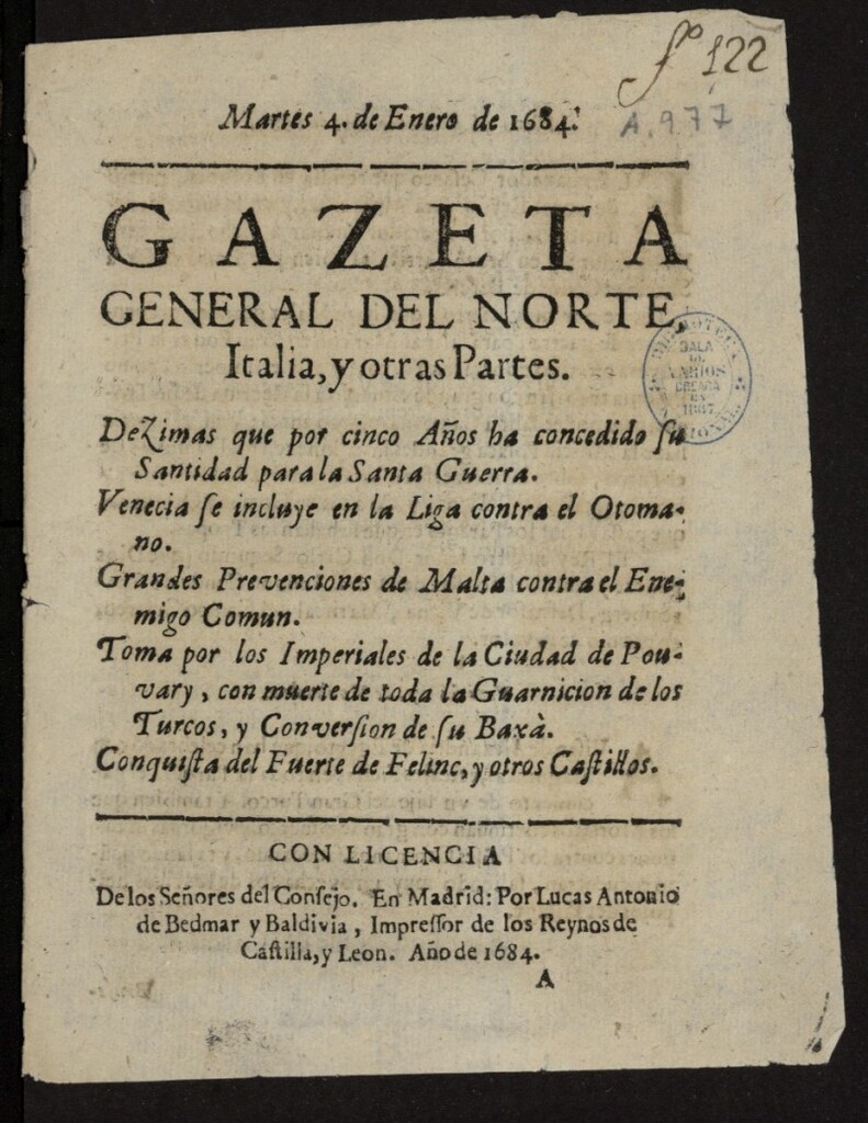 Miniatura de Gazeta General del Norte, Italia, y Otras Partes del 4 de enero de 1684