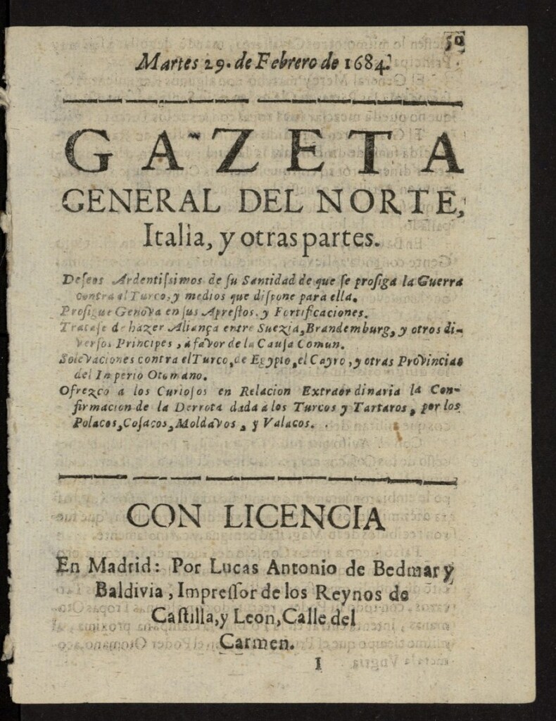 Miniatura de Gazeta General del Norte, Italia, y Otras Partes del 29 de febrero de 1684