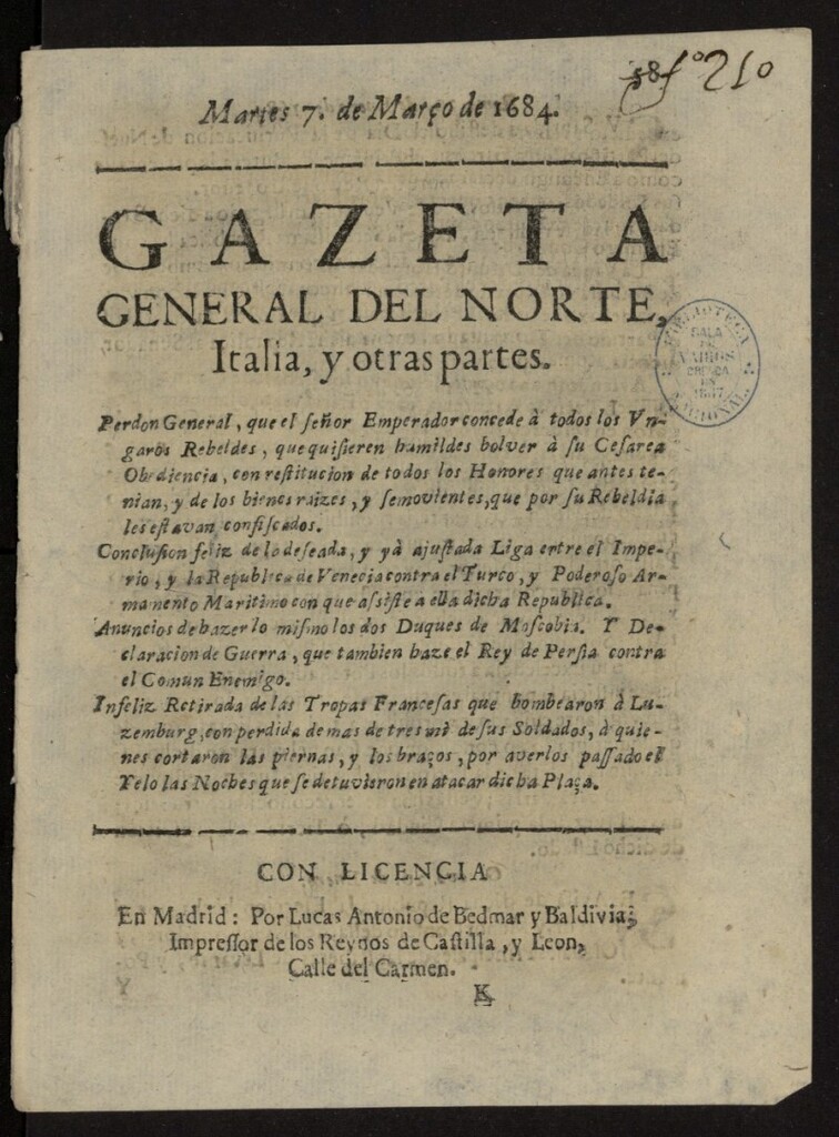 Miniatura de Gazeta General del Norte, Italia, y Otras Partes del 7 de marzo de 1684