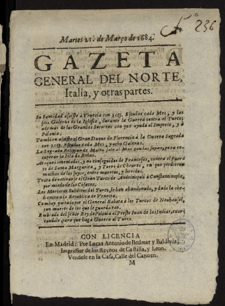 Miniatura de Gazeta General del Norte, Italia, y Otras Partes del 21 de marzo de 1684