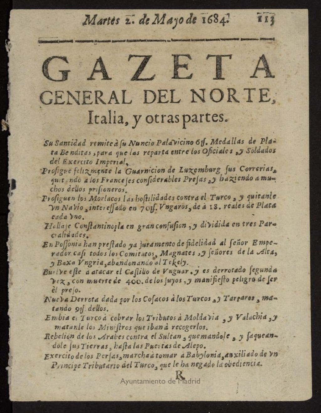 Miniatura de Gazeta General del Norte, Italia, y Otras Partes del 2 de mayo de 1684