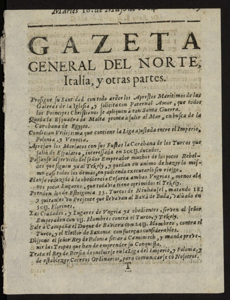 Miniatura de Gazeta General del Norte, Italia, y Otras Partes del 16 de mayo de 1684